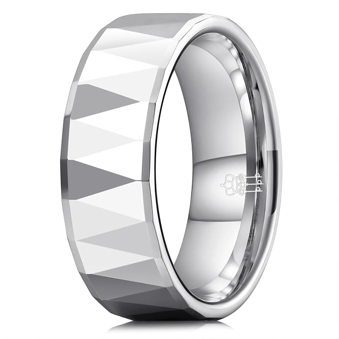 THREE KEYS JEWELRY 2mm 8mm Silver Tungsten Carbide Wedding Band for Men Women, Basic Hammered Multi-Faceted Polished Finish Stackable Engagement Ring Comfort Fit