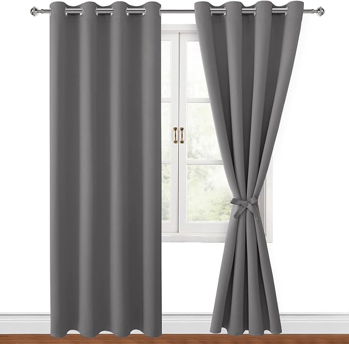 Hiasan Blackout Curtains for Bedroom, 52 x 96 Inches Long - Thermal Insulated & Light Blocking Window Curtains for Living Room, 2 Drape Panels Sewn with Tiebacks, Light Grey