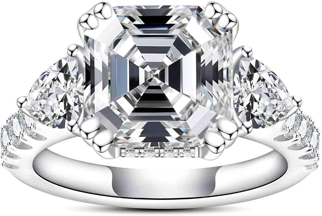 3ct-7ct Cubic Zirconia 3 Stones Engagement Rings 5A Grade Simulated Diamond Cushion Cut/Emerald Cut/Asscher Cut/Heart Cut CZ Anniversary Promise Wedding Rings for Women
