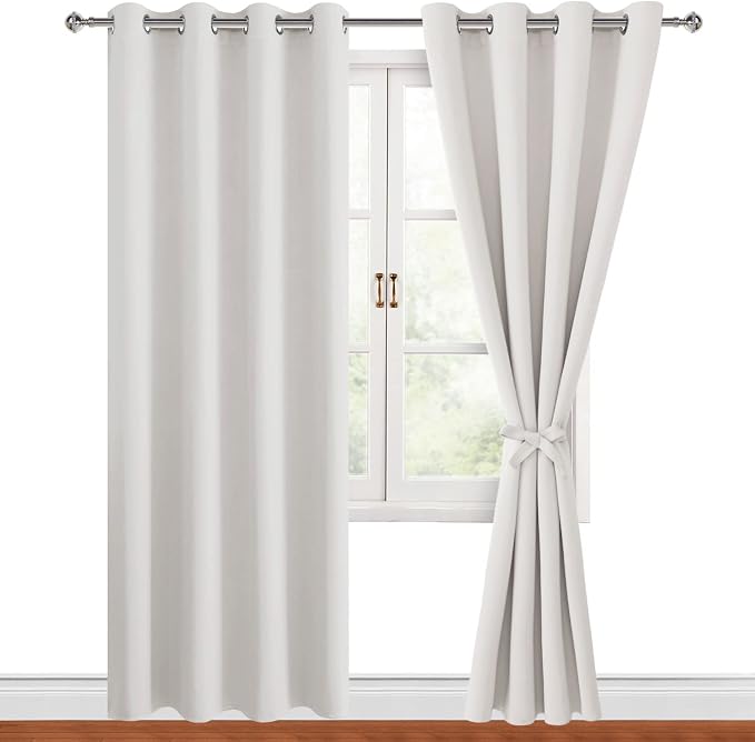 Hiasan Blackout Curtains for Bedroom, 52 x 84 Inches Long - Thermal Insulated & Light Blocking Window Curtains for Living Room/Kids Room, 2 Drape Panels Sewn with Tiebacks, Ivory