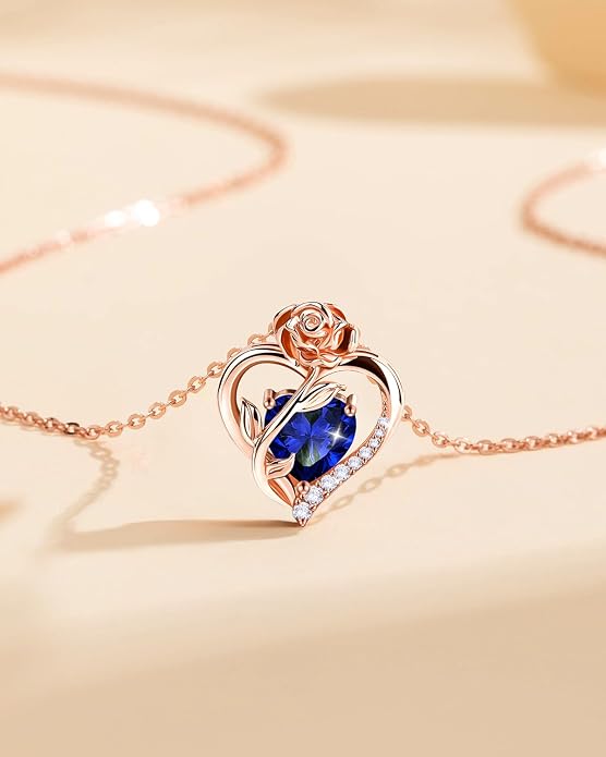 Anniversary Birthday Gifts for Women - Heart Birthstone Necklace: 925 Sterling Silver Rose/White/Yellow Gold Pendant Necklaces Gold Jewelry Gift for Wife Girlfriend Mom Daughter Grandma