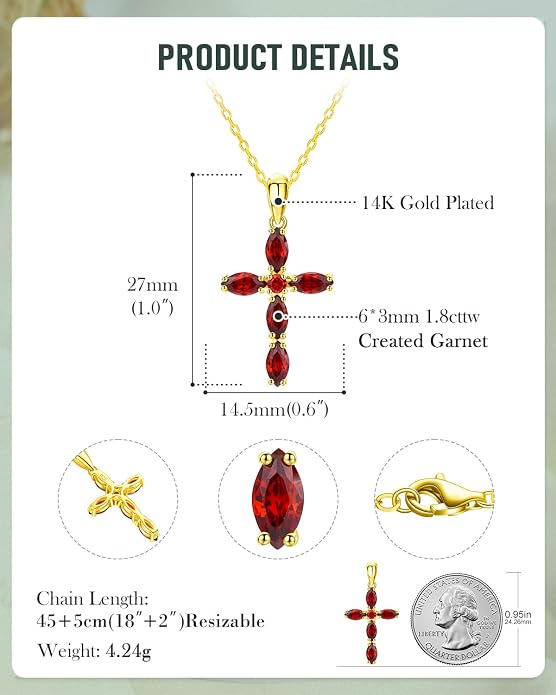 14K Gold Plated 925 Sterling Silver Birthstone Cross Necklace for Women Men