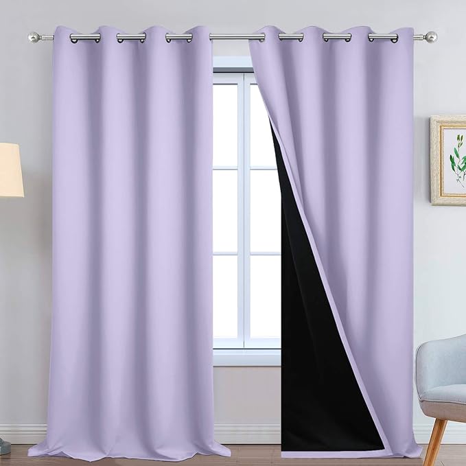 Yakamok Lilac 100% Blackout Curtains 108 Inches Long for Bedroom 52" Wide | Blackout Curtain Panels for Bedroom, 2 Thick Layers Grommet Top Thermal Insulated Drapes with Black Liner for Living Room