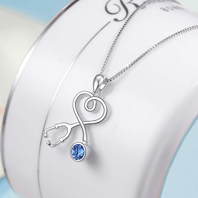 AOBOCO Stethoscope Necklace 925 Sterling Silver Embellished with 12 Months Birthstone Crystals from Austria, Graduation Gifts Medical Jewelry for Doctor Nurse Medical Student RN