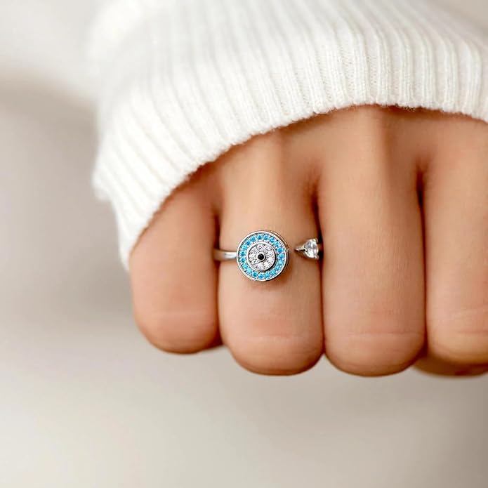 LIU JUN To My Daughter - Evil Eye Fidget Ring For Women, It Can Drive Away Your Anxiety CZ Spinning Adjustable Inspirations Gift Jewelry