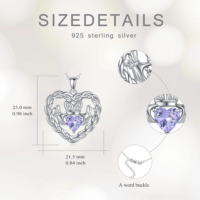 Birthstone Claddagh Heart Necklace 925 Sterling Silver Heart Celtic Knot Claddagh Necklace Pendant Irish Jewelry Gifts for Women Mom Wife Sister Christmas Birthday,18+2 inch