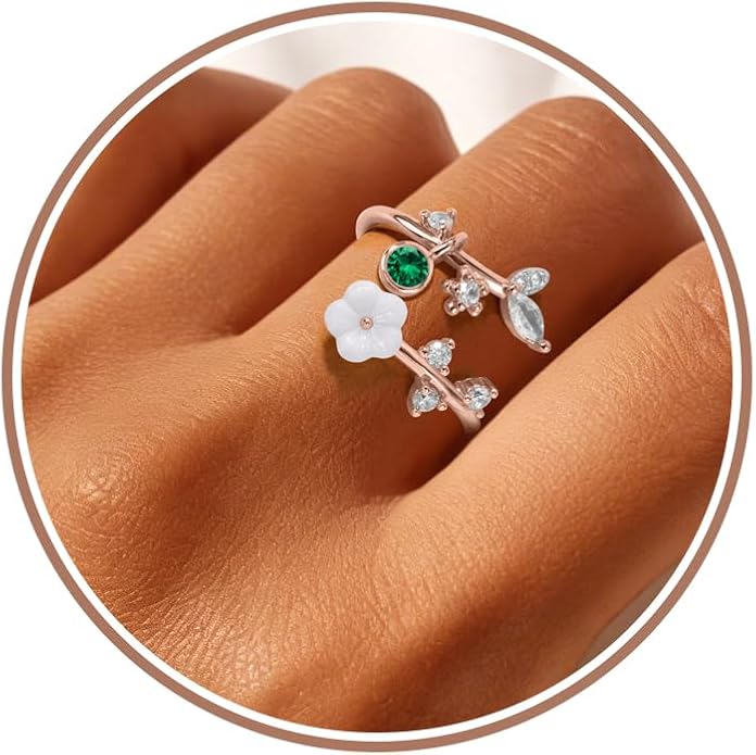 Gold Birthstone Rings for Women Non Tarnish Fashion Stackable Dainty 14KGold PlatedSilver/Rose Adjustable Emerald Green Ring Cubic Zirconia Gemstone Cute Pearl Shell Flower Promise Ring Engagement Birthday Gifts