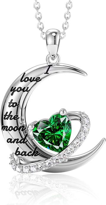 Distance I Love You to The Moon and Back Necklace for Women, S925 Sterling Silver Forever Love Heart Birthstone Necklace, Anniversary Birthday Jewelry for Wife Lover