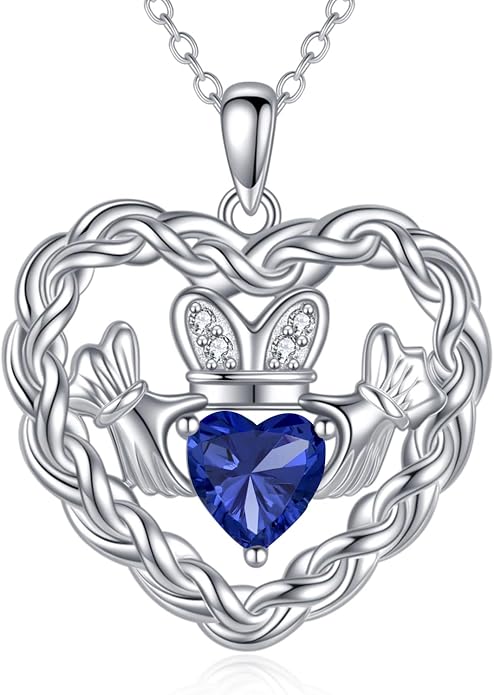 Birthstone Claddagh Heart Necklace 925 Sterling Silver Heart Celtic Knot Claddagh Necklace Pendant Irish Jewelry Gifts for Women Mom Wife Sister Christmas Birthday,18+2 inch