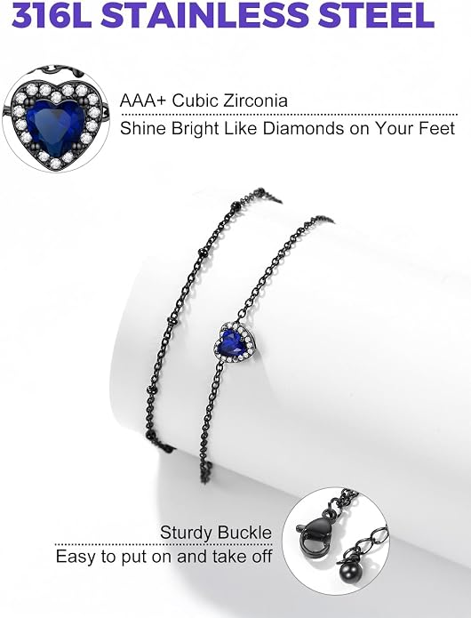 Richsteel Double Layer Heart/Butterfly Birthstone Anklet for Women Non Tarnish Waterproof, Silver/Gold/Black Stainless Steel 8.5-10.5 Inch Adjustable Chain Anklets Jewelry Gifts for Her
