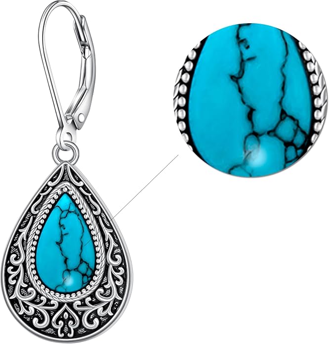 Turquoise Earrings for Women Sterling Silver Dangle Earrings Filigree Jewelry Drop Leverback Mothers Day Gift