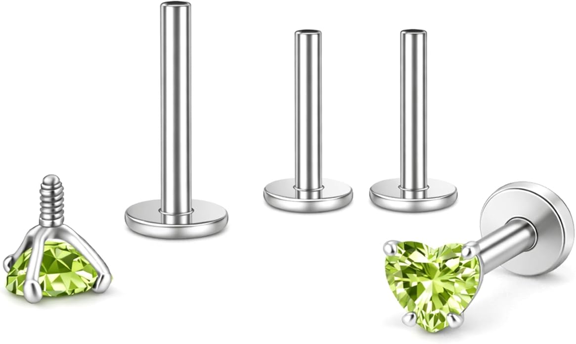 Titanium Heart CZ Labret Stud Earrings for Piercings by Ginger Lyne 6Pc Set G23 Screw Front Flat Back Body Jewelry 2 pair post 6mm, 8mm Cartilage, Helix, Tragus, Lip, Conch, Lobe