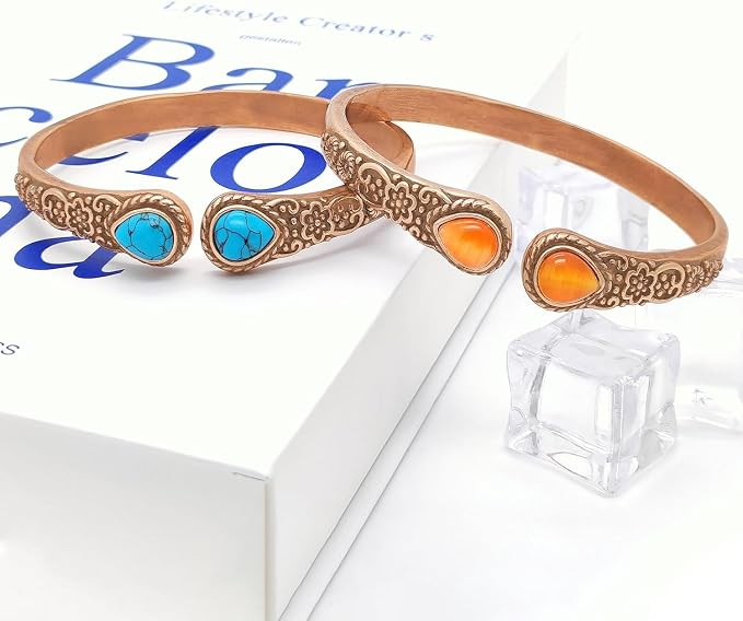 Copper Clasp for Women Magnetic Bracelet with 6 Powerful Magnets Vintage Flower Copper Bracelet with 2 Turquoise, Adjustable Cuff Elegant Jewelry Gift for Mom Wife