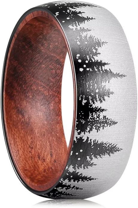 King Will 6/8mm Wedding Band for Men, Silver/Black Hammered Titanium Wedding Ring Inlaid Wood Inner Hole, Wedding Band for Men Matte Brushed Comfort Fit 7-14