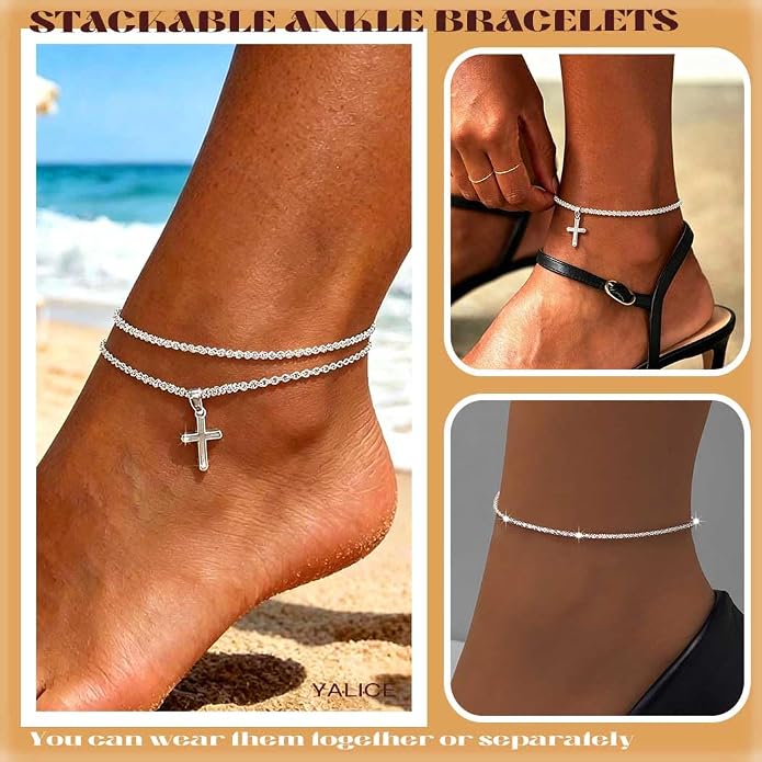 Yalice 925 Sterling Silver Ankle Bracelets for Women Dainty 14K Gold Plated Anklets Set Shiny Waterproof Ankle Chain Cross Beach Foot Jewelry Gifts