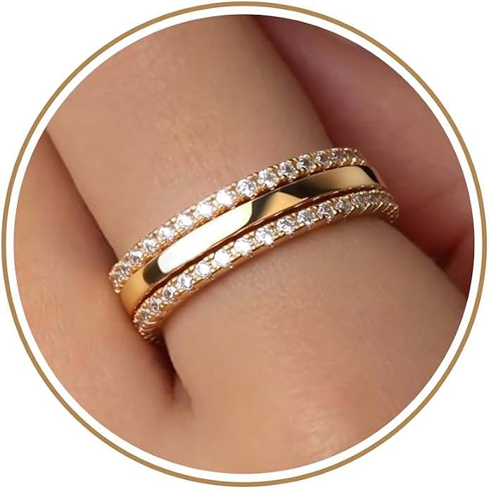 Purplepig Stackable Rings for Women Non Tarnish, Two Tone Mixed Metal Dainty Eternity Band Set, 14K Gold & Sterling Silver Plated Cubic Zirconia Hypoallergenic Wedding Thumb Pinky Rings Size 4-11