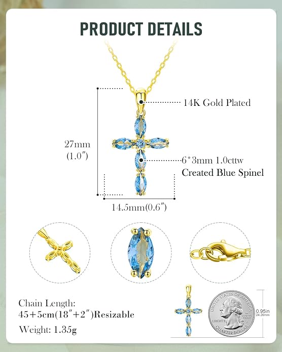 14K Gold Plated 925 Sterling Silver Birthstone Cross Necklace for Women Men