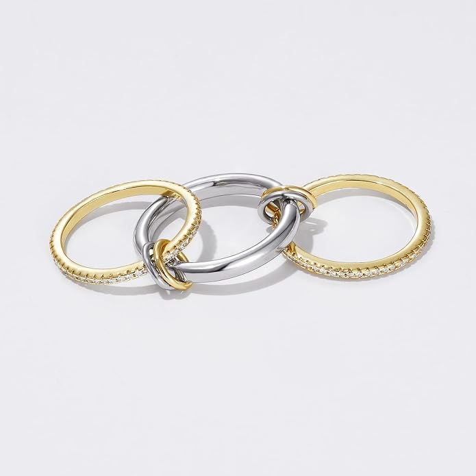 KissYan Stackable Rings for Women, 14k Gold Plate Interlocked Multi Ring Set Dainty Pave CZ Personalized Fashion Two-Toned Mixed Metals Stacking Jewelry Trendy Statement Gift