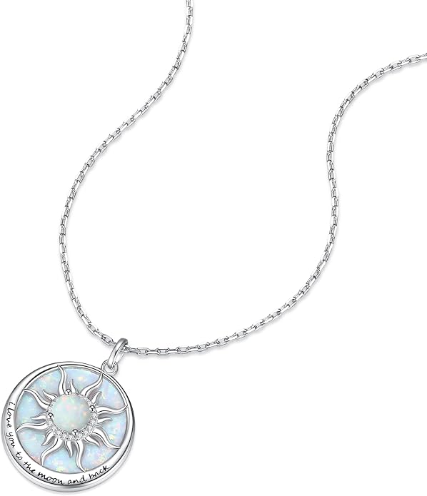 FANCIME Sunflower Necklace with Engraved Messgae 925 Sterling Silver Opal Gemstone Pendant Fine Jewelry Anniversary Birthday Gifts for Women Mom Wife Her, Chain Length 16+2 Inch