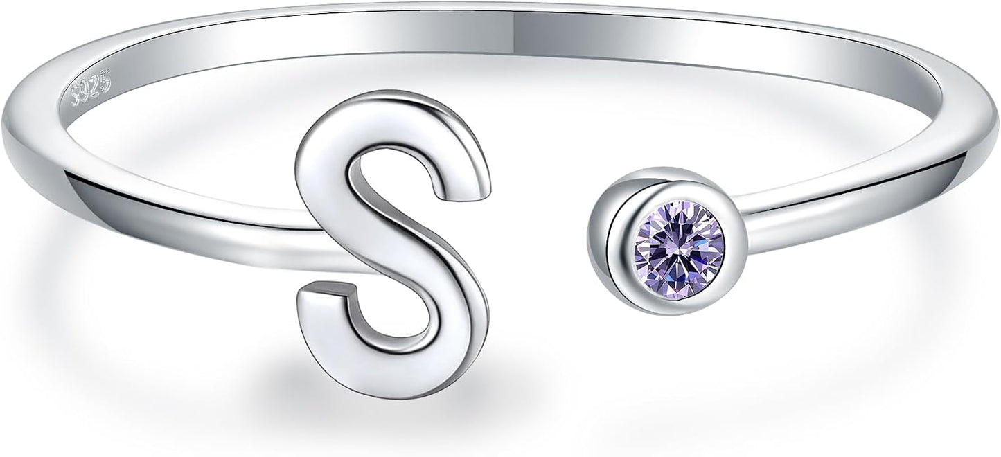925 Sterling Silver Initial Letter Birthstone Rings for Women Adjustable 1-12 Month Birthstone Alphabet Stacking Ring for Teens Girls Stackable Birthstone Rings Birthday Jewelry Gift for Daughter Mom