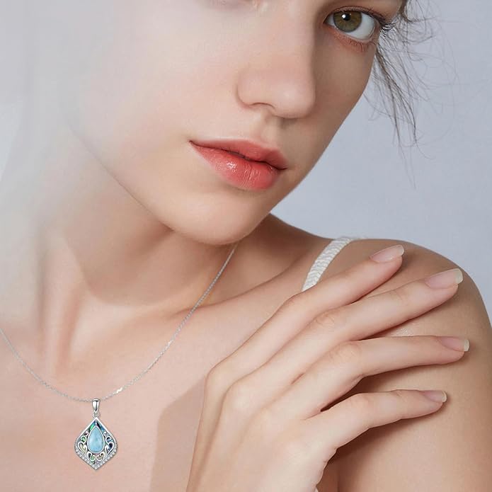 HPQQ Filigree Gemstone Necklace 925 Sterling Silver Teardrop Bohemian Necklace Abalone Shell Jewelry Birthday Gifts for Women