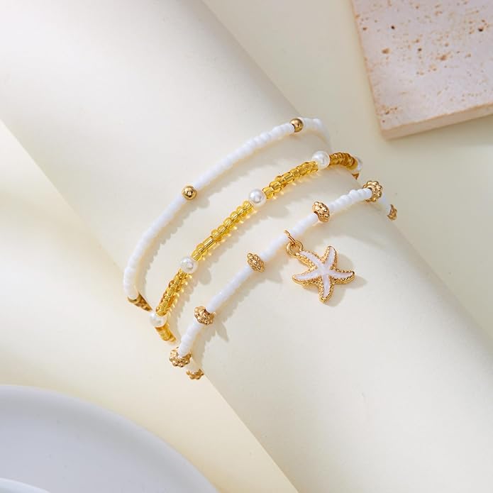 Qceasiy Bead Ankle Bracelets Set For Women, Adjustable Gold Plated Boho Shell Anklet, Hawaiian Beach Seashell Pearl Disc Starfish Conch Foot Jewelry, Summer Fashion Gifts