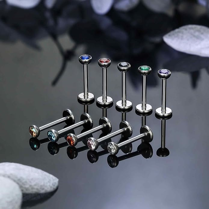 Ruifan Titanium Flat Back Lip Rings Threadless Push in Earrings Studs Nose Rings 20G 18G 16G Jeweled Mix Colors CZ Tragus Cartilage Lobe Rook Helix Conch Labret Medusa Piercing Jewelry for Women Men
