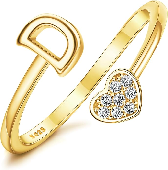 MILACOLATO 925 Sterling Silver Initial Rings for Women Teen Girl 18K Gold Plated Heart Initial Rings Adjustable Capital Letter Ring Stackable Thumb Pinky Rings for Daughter Birthday Bridesmaid Gifts Jewelry, A to Z
