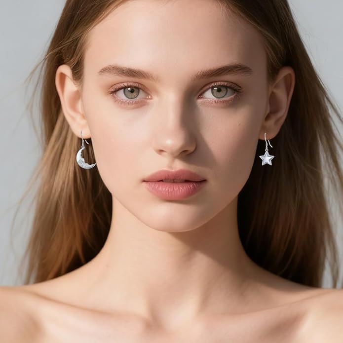 Moon Earring Star Earrings for Women Sterling Silver Moon Star Crystal Asymmetrical Dangle Drop Earrings