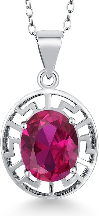 Gem Stone King 925 Sterling Silver 10X8MM Oval Gemstone Birthstone Necklace | Greek Key Pendant Necklace for Women | With 18 Inch Silver Chain