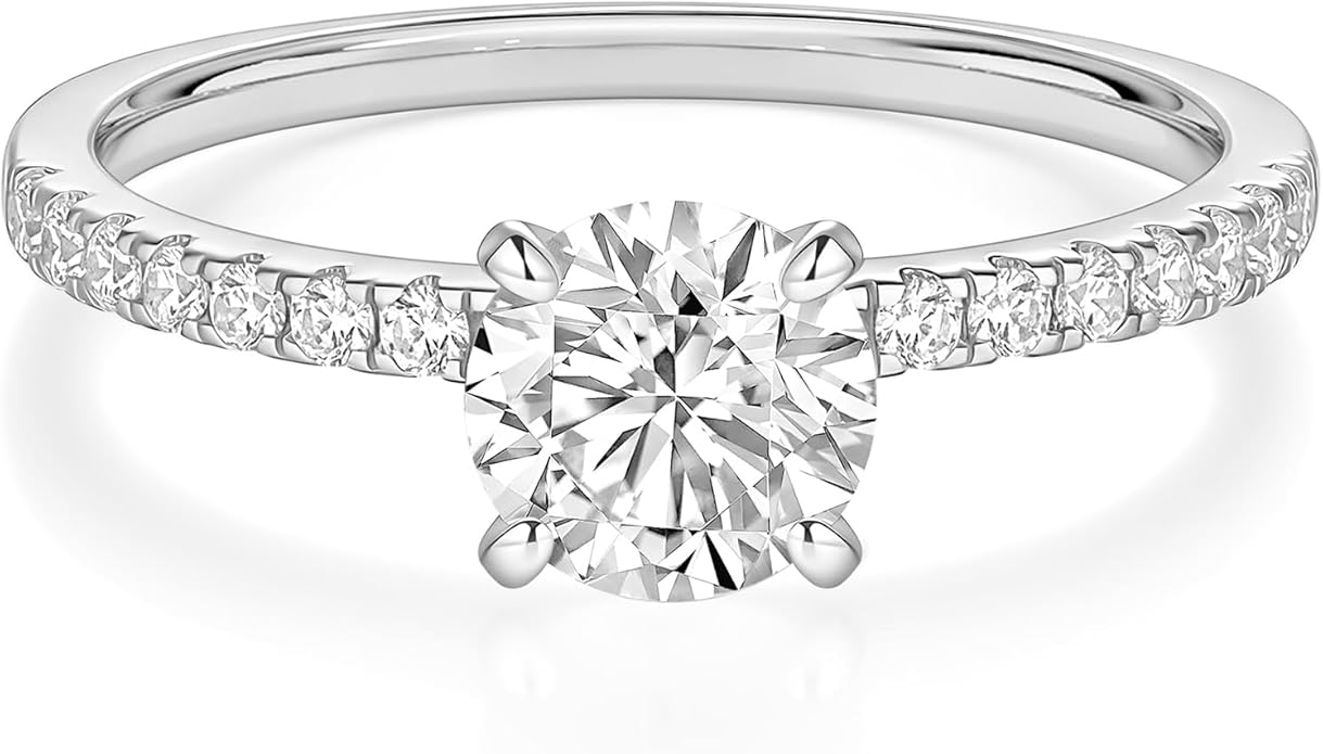 EAMTI 925 Sterling Silver 1.2 CT Round Solitaire Cubic Zirconia Engagement Ring Halo Promise Ring Size 3-13