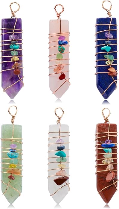 6 Pieces Natural Raw Crystal Point Pendant Reiki 7 Chakra Healing Quartz Gemstone Chips Rose Gold Copper Wires Wrapped Charms for Jewelry Making Necklace