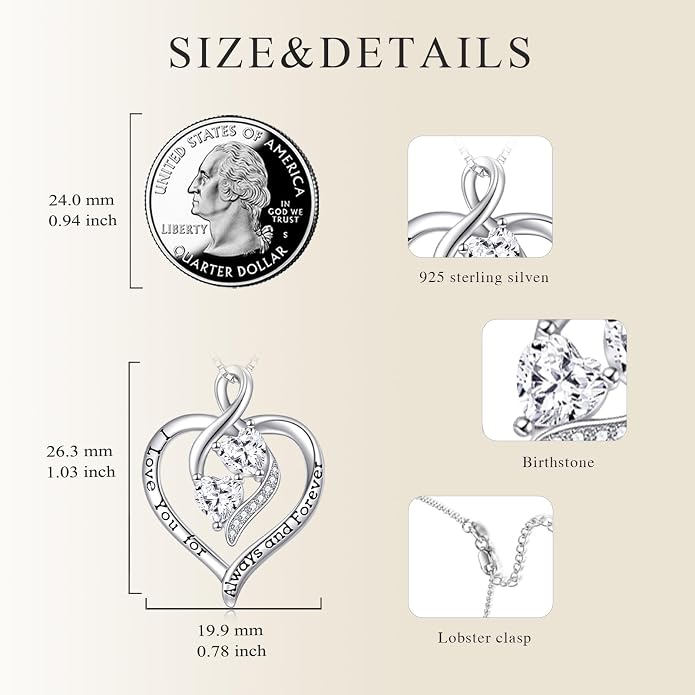 Hancock Forever Love Heart Birthstone Necklaces for Women 925 Sterling Silver Women Pendant Necklace, Mother’s Day Birthday Anniversary Jewelry Gift for Woman Mother Mom Wife Her
