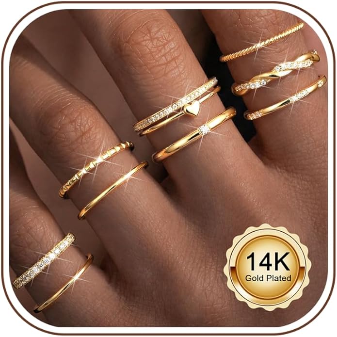 THUNARAZ Gold Stackable Rings for Women Non Tarnish Open Adjustable 14K Gold Plated Rings Trendy Stack Cubic Zirconia Thin Thumb Ring Set Minimalist Dainty Statement Band Ring