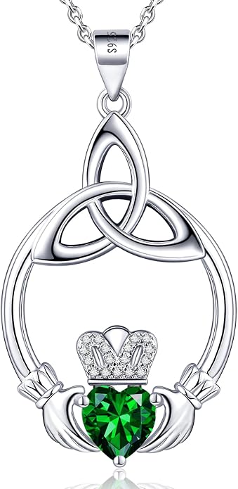 Gift Birthstone Necklaces for Women 925 Sterling Silver Irish Claddagh Necklace for Women Heart Birthstone Pendant Necklace Anniversary Birthday Gifts for Wife Lady Cable Chain 18"+2"