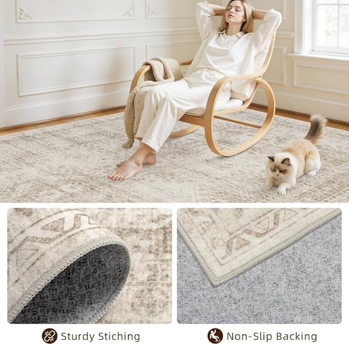 Machine Washable Area Rugs 2x3: Vintage Boho Neutral Washable Rug Indoor Soft Small Entryway Throw Carpet for Living Room Bedroom Kitchen Laundry Floor Non-Slip Low Pile Entrance Rug Brown
