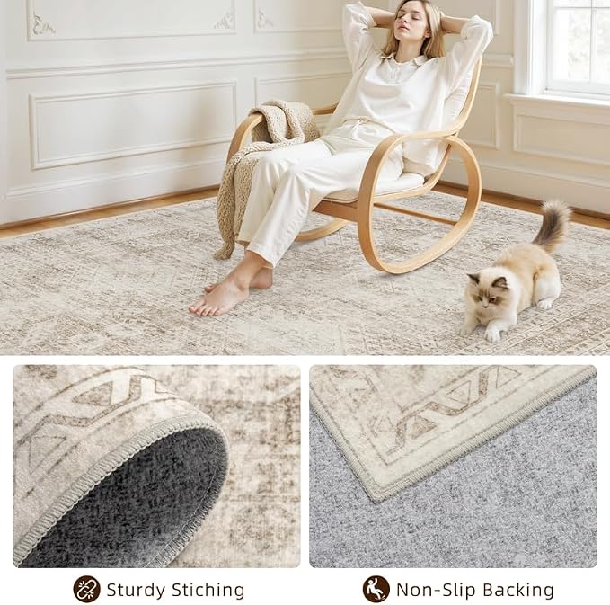 4x6 Area Rugs for Living Room: Vintage Boho Neutral Washable Rug Indoor Soft Large Area Rug Carpet for Bedroom Nursery Farmhouse Dining Room Office Floor Non-Slip Low Pile Under Table Rug Brown