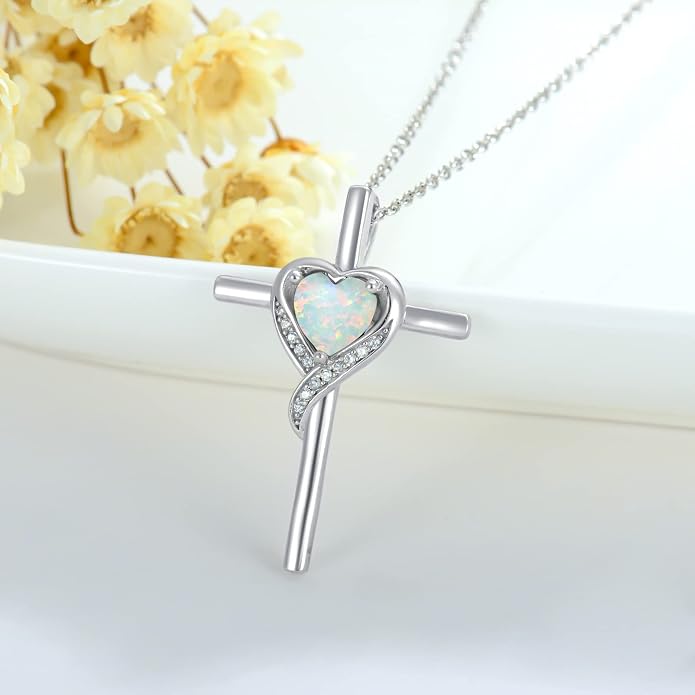 TOUPOP Birthstone Cross Necklace for Women 925 Sterling Silver Heart Cross Pendant Necklace Mothers Day Birthday Jewelry Gifts for Mom Wife Her