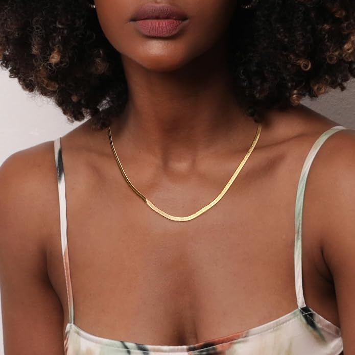Jewlpire 3mm 4mm 5mm Herringbone Necklace 18K Gold Plated 925 Sterling Silver Chain Necklace for Women, Flat Snake Chain Necklace, Women's Chains Necklaces 16 18 20 22 24 Inch