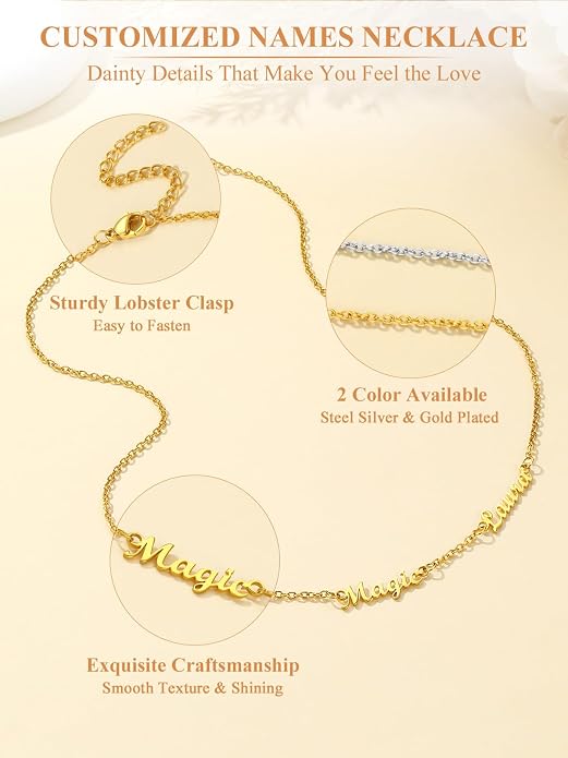 Custom4U Custom Name Necklace for Women, Personalized 1-5 Name Necklace, Sterling Silver/Stainless Steel 14K Gold Plated Nameplate Necklaces, Gift for Mom Wife Anniversary Birthday with Box