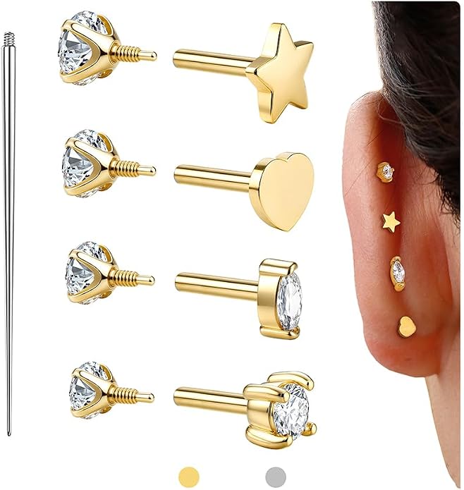 GEMQUEEN Reversible Flat Back Earrings Studs Hypoallergenic - 14K Gold Filled Surgical Steel Earring 18G Cartilage Helix Tragus Conch Piercing Jewelry Extended Internal Thread Earrings for Women Men
