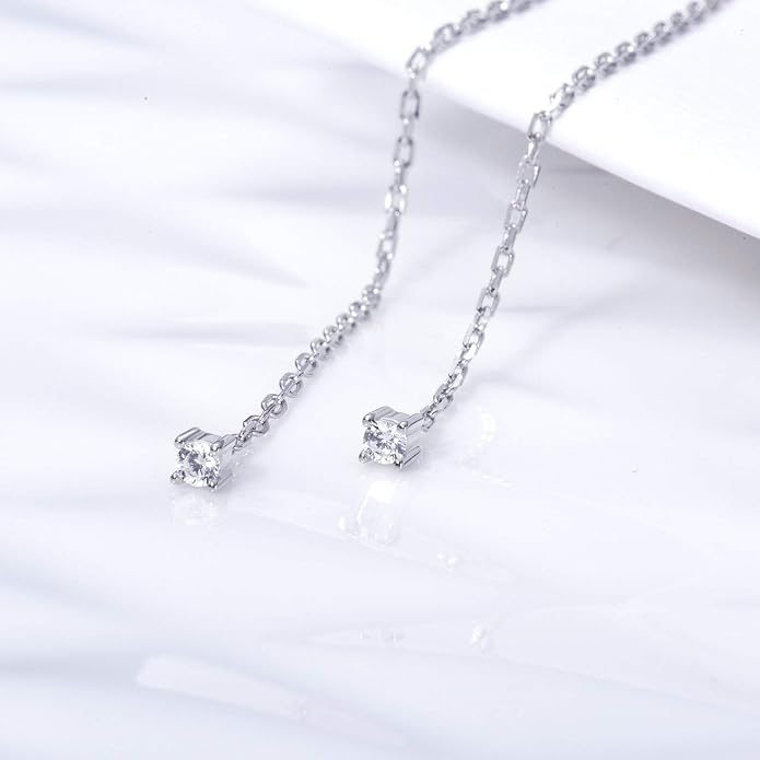 S.Leaf Gold Chain Threader Earrings for Women Trendy 925 Sterling Silver Hypoallergenic Cubic Zirconia Backless Ardant Chain Duster Threader Double Piercing Pull Through Earrings for Women Girls Birthday Gifts