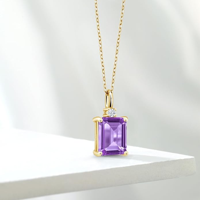 Gem Stone King 925 Sterling Silver Gemstone Birthstone Pendant Necklace for Women | Emerald Cut 10X8MM and Round 2MM | With 18 Inch Chain | Fine Jewelry for Her Mom Wife