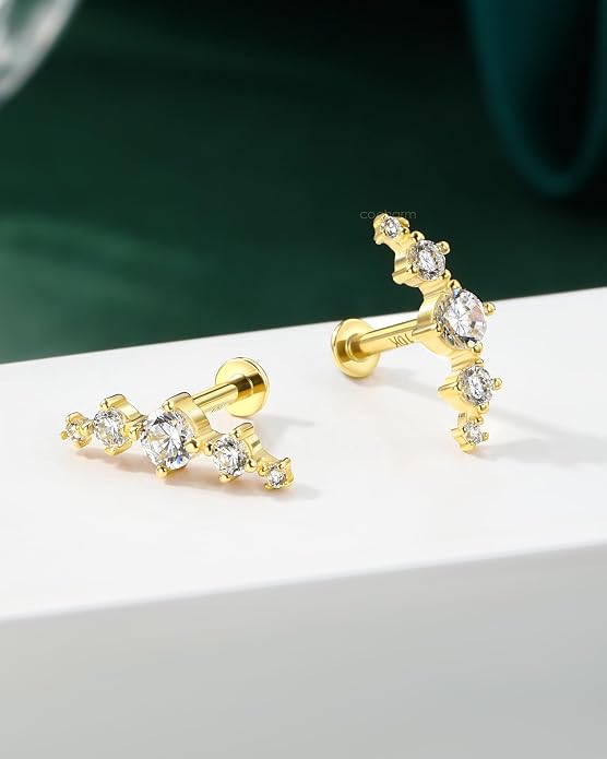 COCHARM Yellow Gold Helix Earring Stud 16g Flat Back 10K Real Gold Climber Helix Piercing Jewelry 6mm Solid Gold Cartilage Stud 8mm Cute 10kt Conch Stud Jewelry Hypoallergenic for Ears