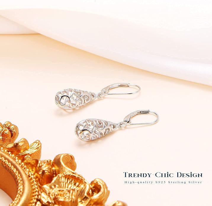 Sterling Silver Leverback Dangle Earrings for Women Teardrop Filigree 14K Gold Plated Dangly Earrings Mother’s Day Gift