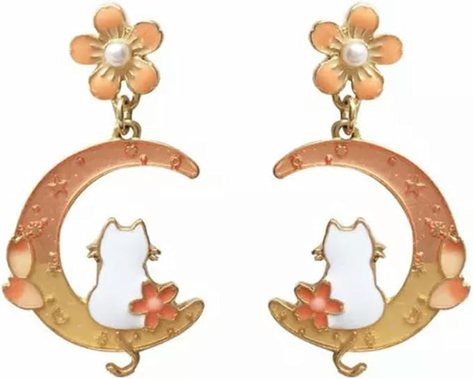 Cute Asymmetric Cat Moon Flower Long Tassel Stud Dangle Earrings Women Jewelry-Orange Cat Moon