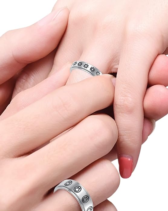 OreilleStar Anxiety Ring for Women Spinner Ring Titanium Stainless Steel Fidget Ring Men 6mm Width With Dog Paw Kitty Cat Face Evil Eye Pattern Spinning Outer Band Size 6 7 8 9 10