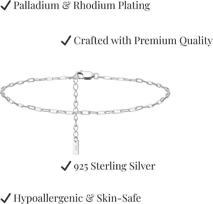 925 Sterling Silver Chain Anklets Bracelet For Women Adjustable Anklet Bracelet With Rhodium Plating For Long-Lasting Shine Silver Anklets For Women Jewelry Gift for Women