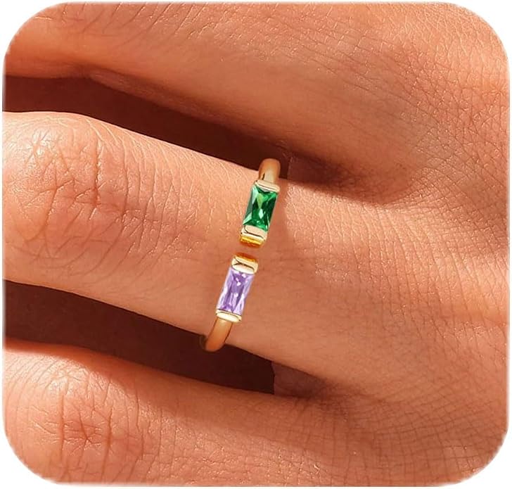 WFYOU Gold Birthstone Rings for Women - Non Tarnish Dainty 14K Gold Plated Stackable CZ Rings for Her & Couples - Personalized Jewelry Gift for Birthday