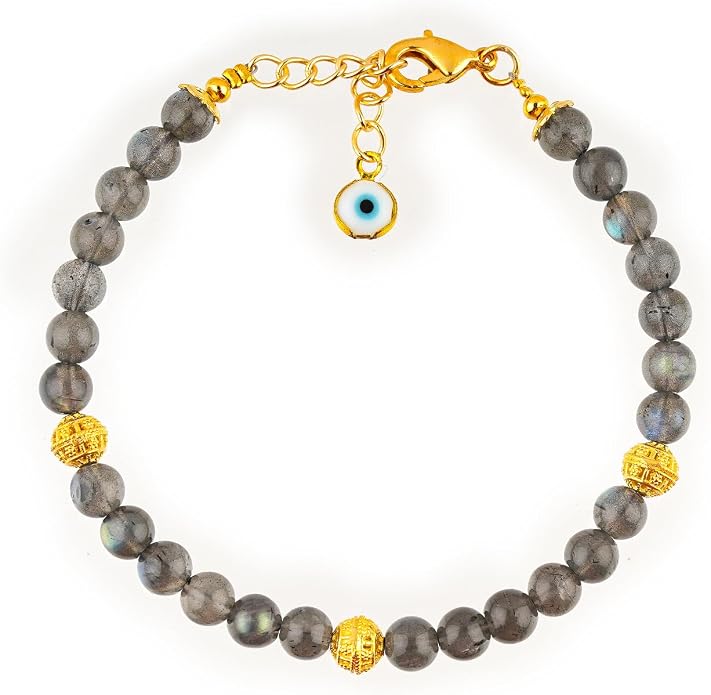 AAA Grade Natural Gemstone Beaded Bracelet, 14K Gold Plated with Evil Charm, Wicca & Reiki Healing Crystals, Handmade Bohemian Jewelry, Christmas Gift for Women (7+1inch)